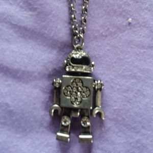 Long Silver and Black Necklace with Robot Charm